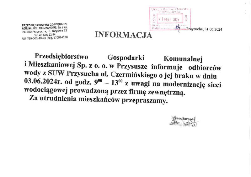  Informacja PGKiM w sprawie braku wody 