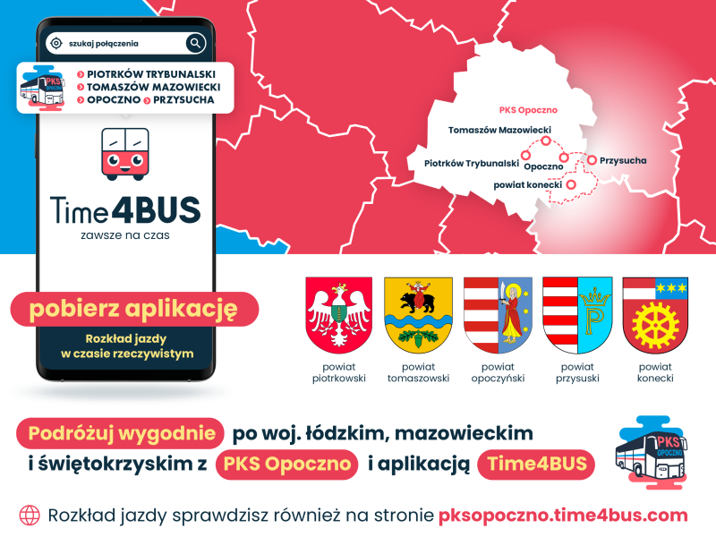 Podróżuj wygodnie po woj. mazowiecki, łódzkim i świętokrzyskim z PKS Opoczno i aplikacją Time4BUS
