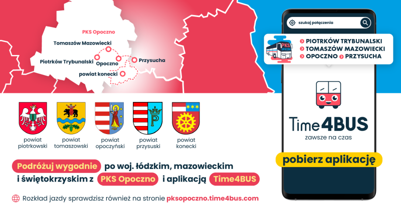Podróżuj wygodnie po woj. mazowiecki, łódzkim i świętokrzyskim z PKS Opoczno i aplikacją Time4BUS