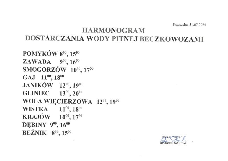Harmonogram dostarczania wody pitnej 
