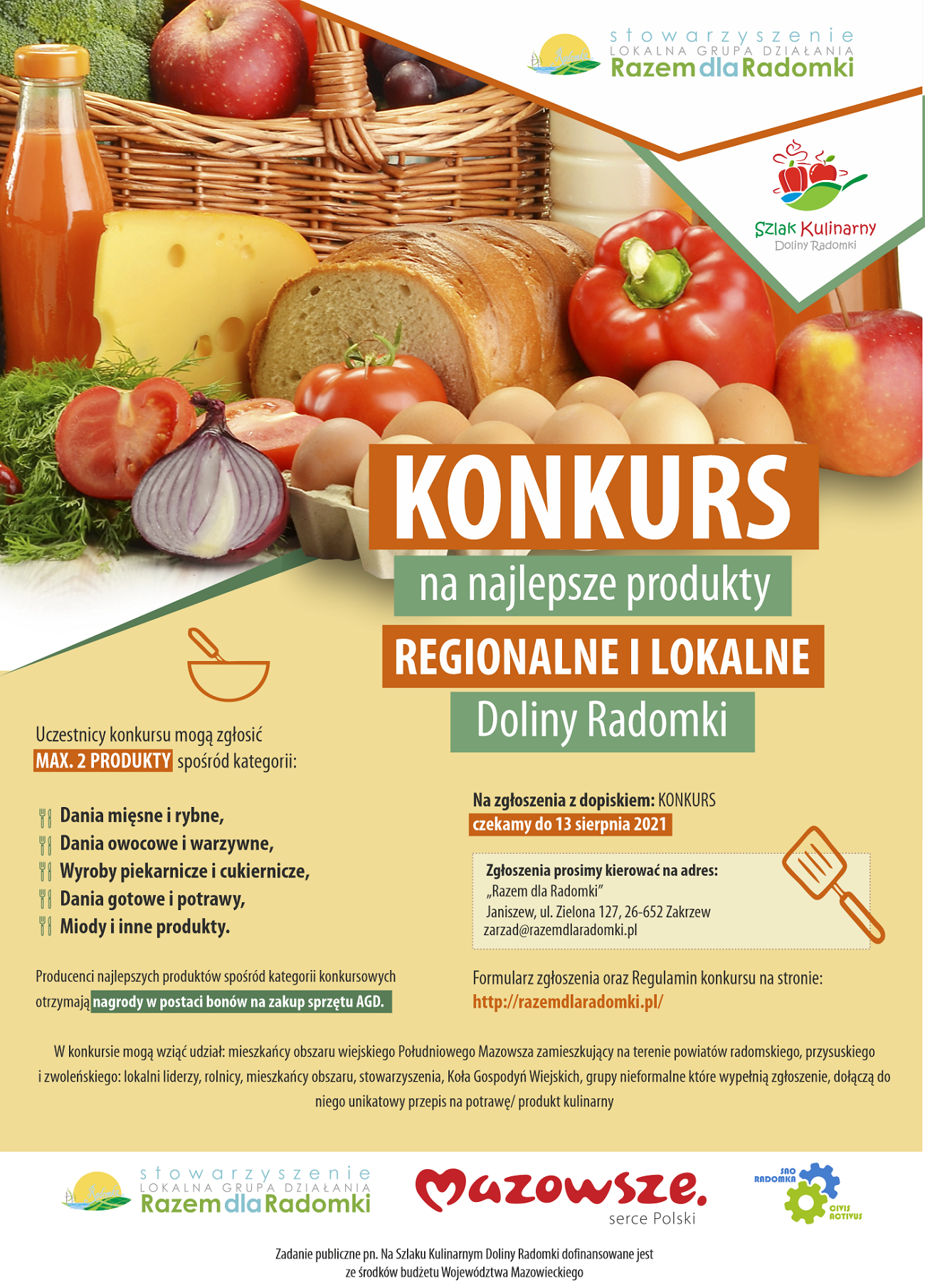 Plakat promujący konkurs na najlepsze produkty regionalne Doliny Radomki
