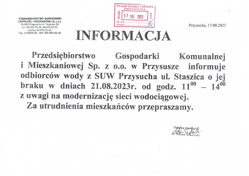 Informacja PGKiM w sprawie braku wody na ul: Staszica