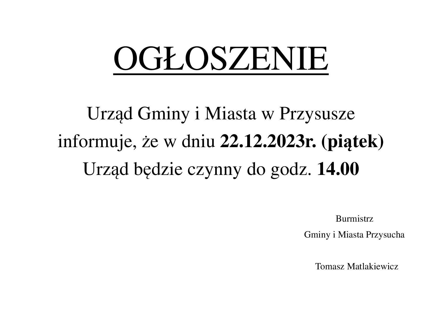 Ogłoszenie dot. czasu pracy Gminy i Miasta Przysucha